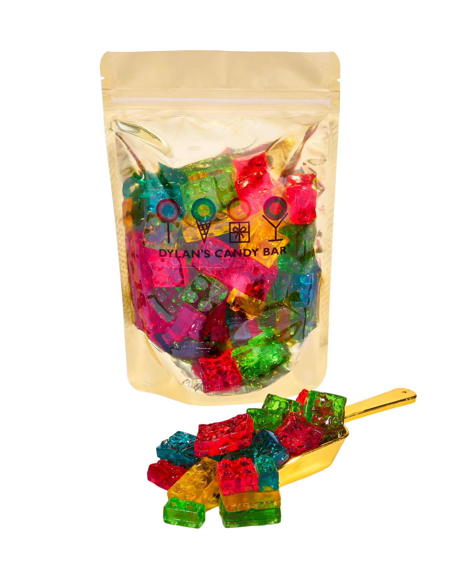 3D Fruity Gummy Blocks in resealable gold mylar bag next to 3D Fruity Gummy Blocks overflowing from gold scoop