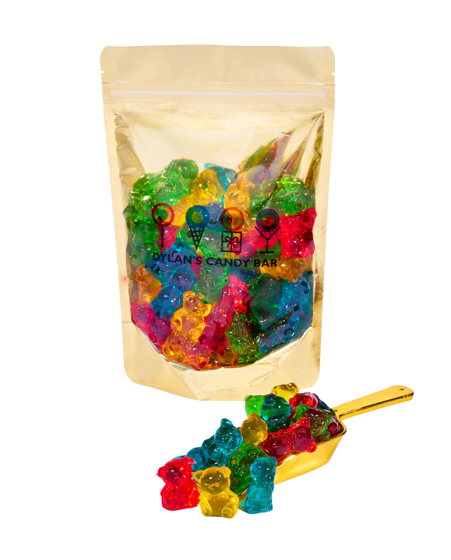 3D Fruity Gummy Chubby Bears in resealable gold mylar bag next to 3D Fruity Gummy Chubby Bears overflowing from gold scoop