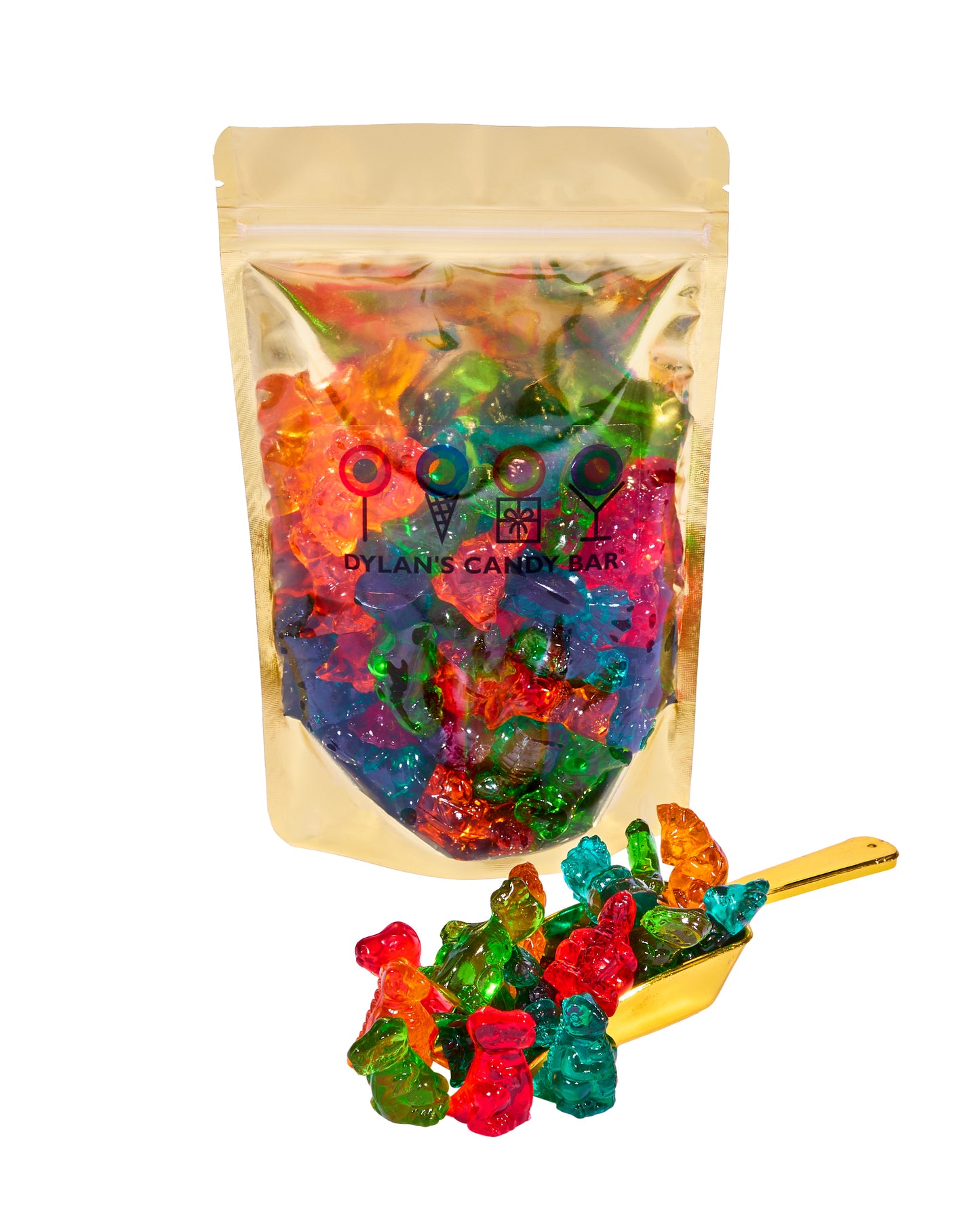 3D Fruity Gummy Dinosaurs in resealable gold mylar bag next to 3D Fruity Gummy Dinosaurs overflowing from gold scoop