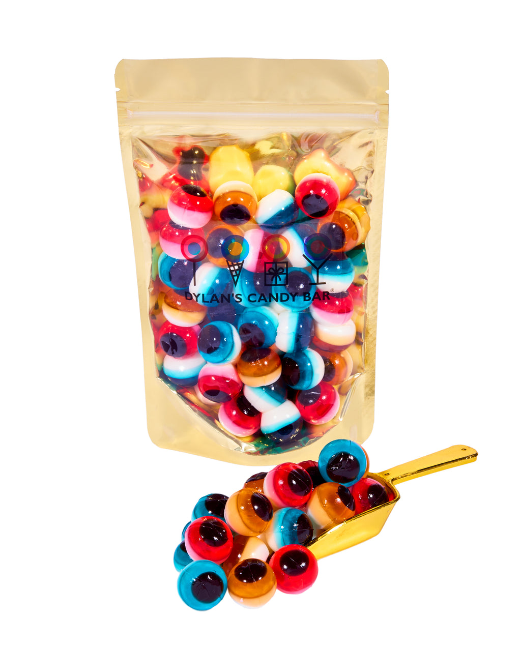 3D Fruity Gummy Eyeballs in resealable gold mylar bag next to 3D Fruity Gummy Eyeballs overflowing from gold scoop