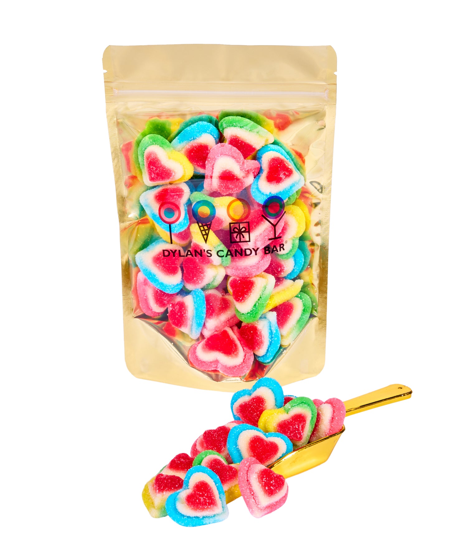 Berries 'n Cream Gummy Triple Hearts in resealable gold mylar bag next to Berries 'n Cream Gummy Triple Hearts overflowing from gold scoop