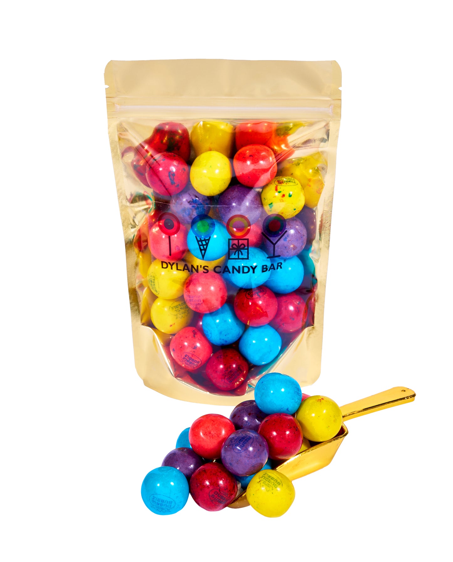 Dubble Bubble Berry Blast Gumballs in resealable gold mylar bag next to Dubble Bubble Berry Blast Gumballs overflowing from gold scoop