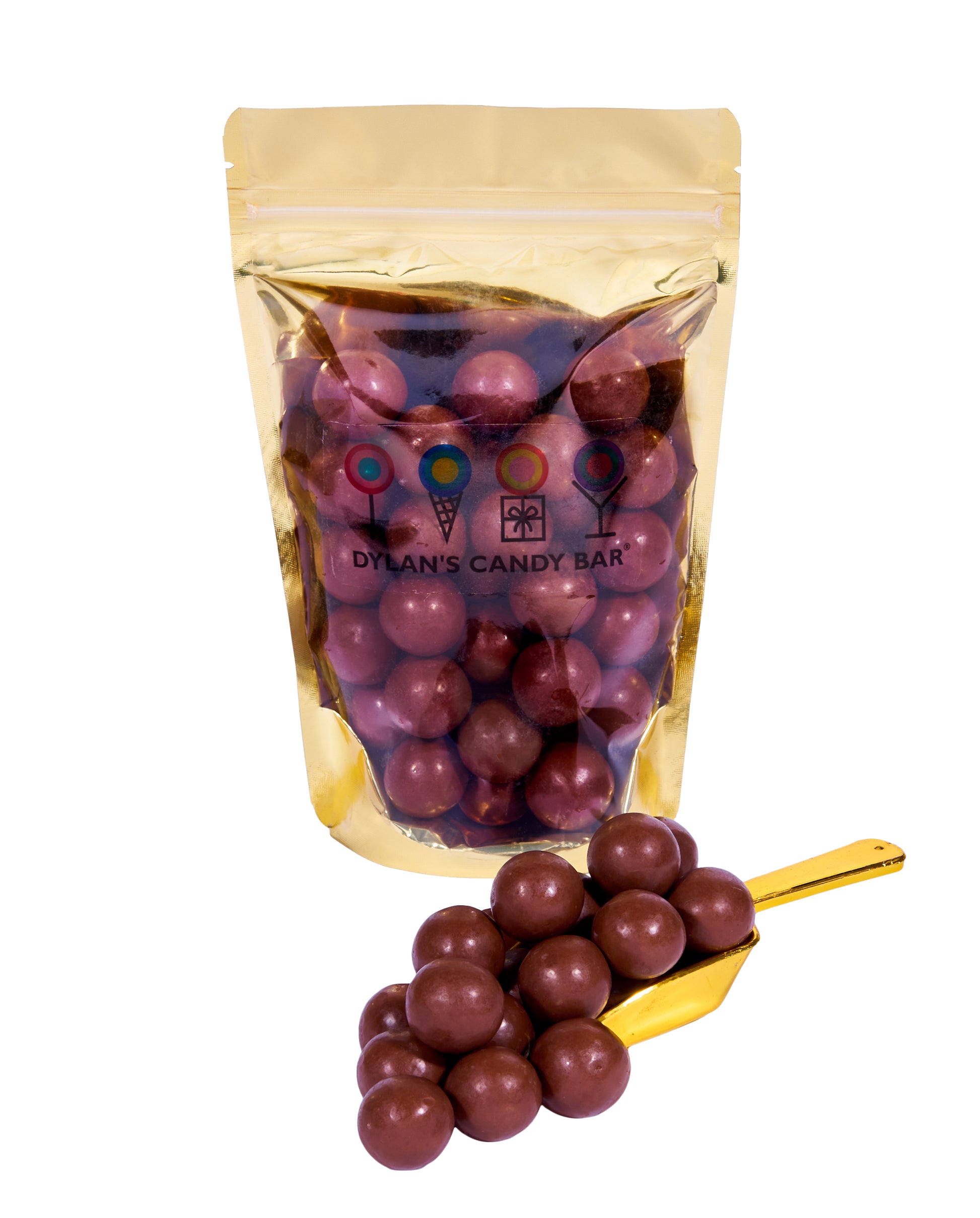 Chocolate 'n Peanut Butter Malt Balls in resealable gold mylar bag next to Chocolate 'n Peanut Butter Malt Balls overflowing from gold scoop