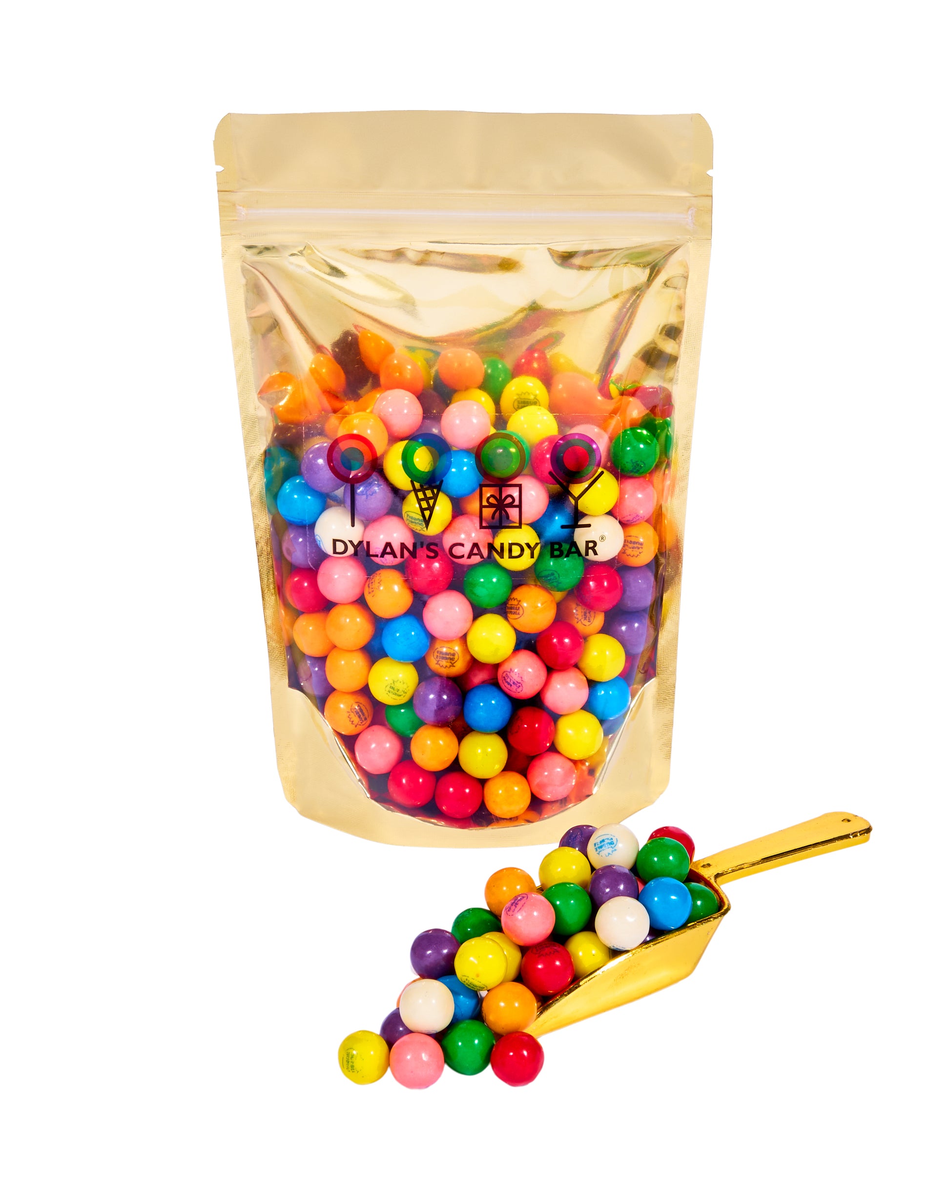 Dubble Bubble Fruity Mini Gumballs in resealable gold mylar bag next to Dubble Bubble Fruity Mini Gumballs overflowing from gold scoop