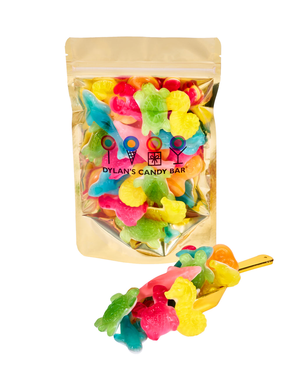 Fruity Gummy Ocean Creatures Mix in resealable gold mylar bag next to Fruity Gummy Ocean Creatures Mix overflowing from gold scoop