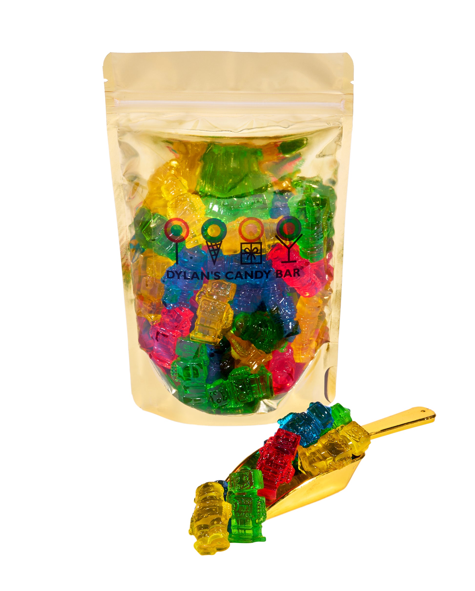 3D Fruity Gummy Robots in resealable gold mylar bag next to 3D Fruity Gummy Robots overflowing from gold scoop