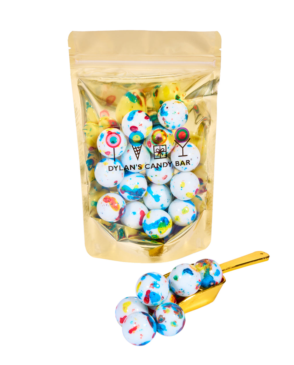 Fruity Jawbreakers in resealable gold mylar bag next to Fruity Jawbreakers overflowing from gold scoop