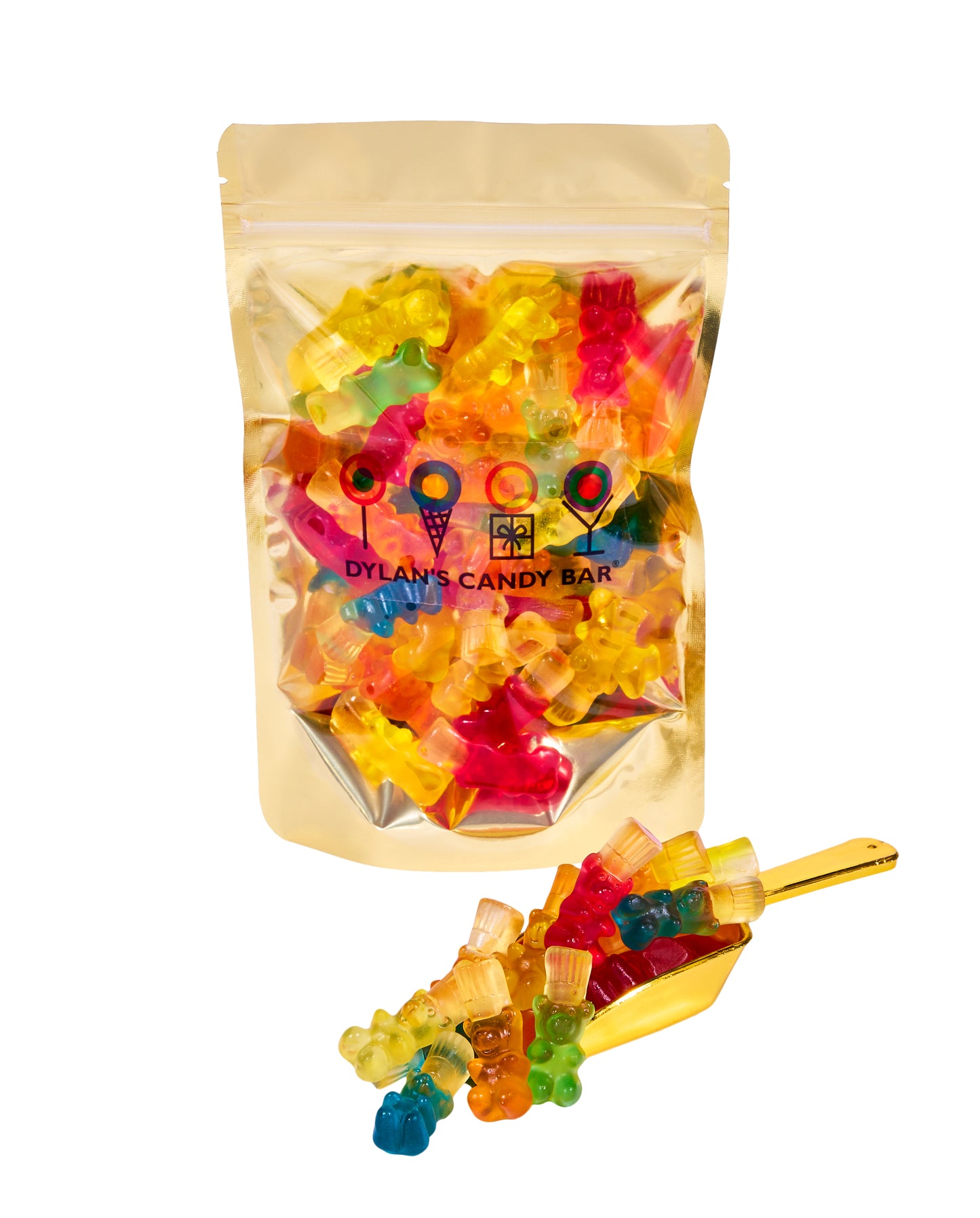 Fruity Two-Tone Gummy Bears in resealable gold mylar bag next to Fruity Two-Tone Gummy Bears overflowing from gold scoop