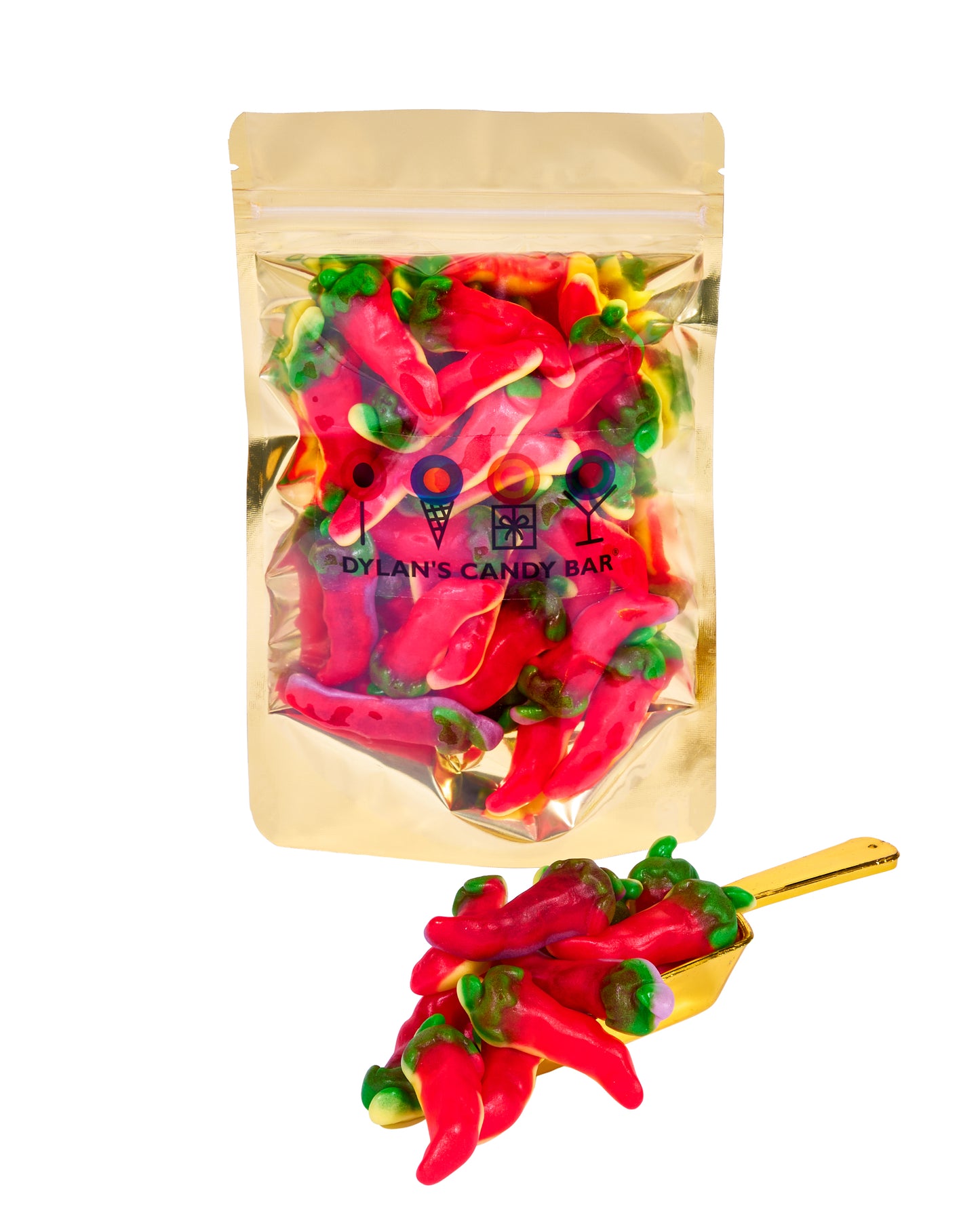 Gummy Red Hot Chili Peppers in resealable gold mylar bag next to Gummy Red Hot Chili Peppers overflowing from gold scoop