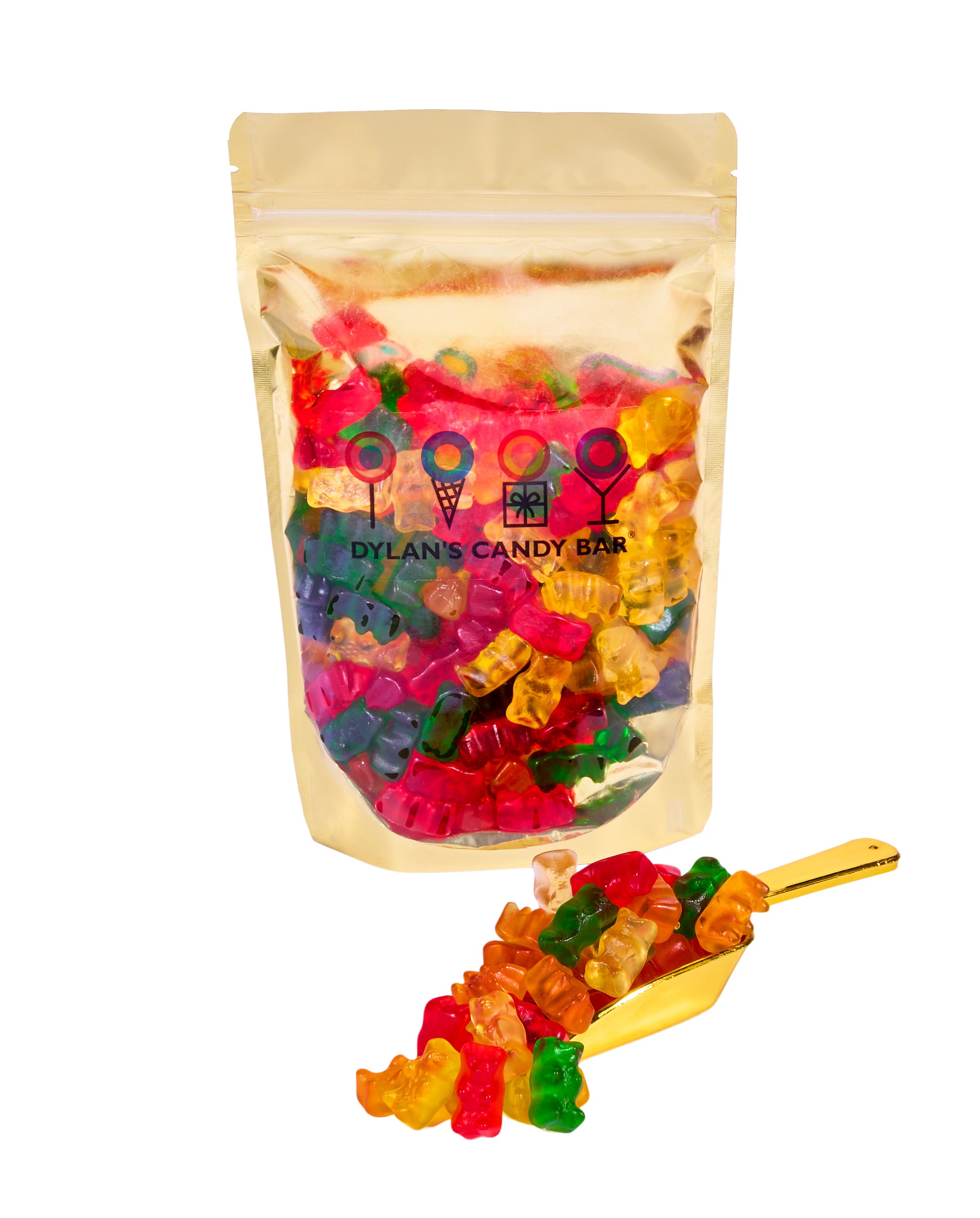 Haribo Fruity Gummy Bears in resealable gold mylar bag next to Haribo Fruity Gummy Bears overflowing from gold scoop