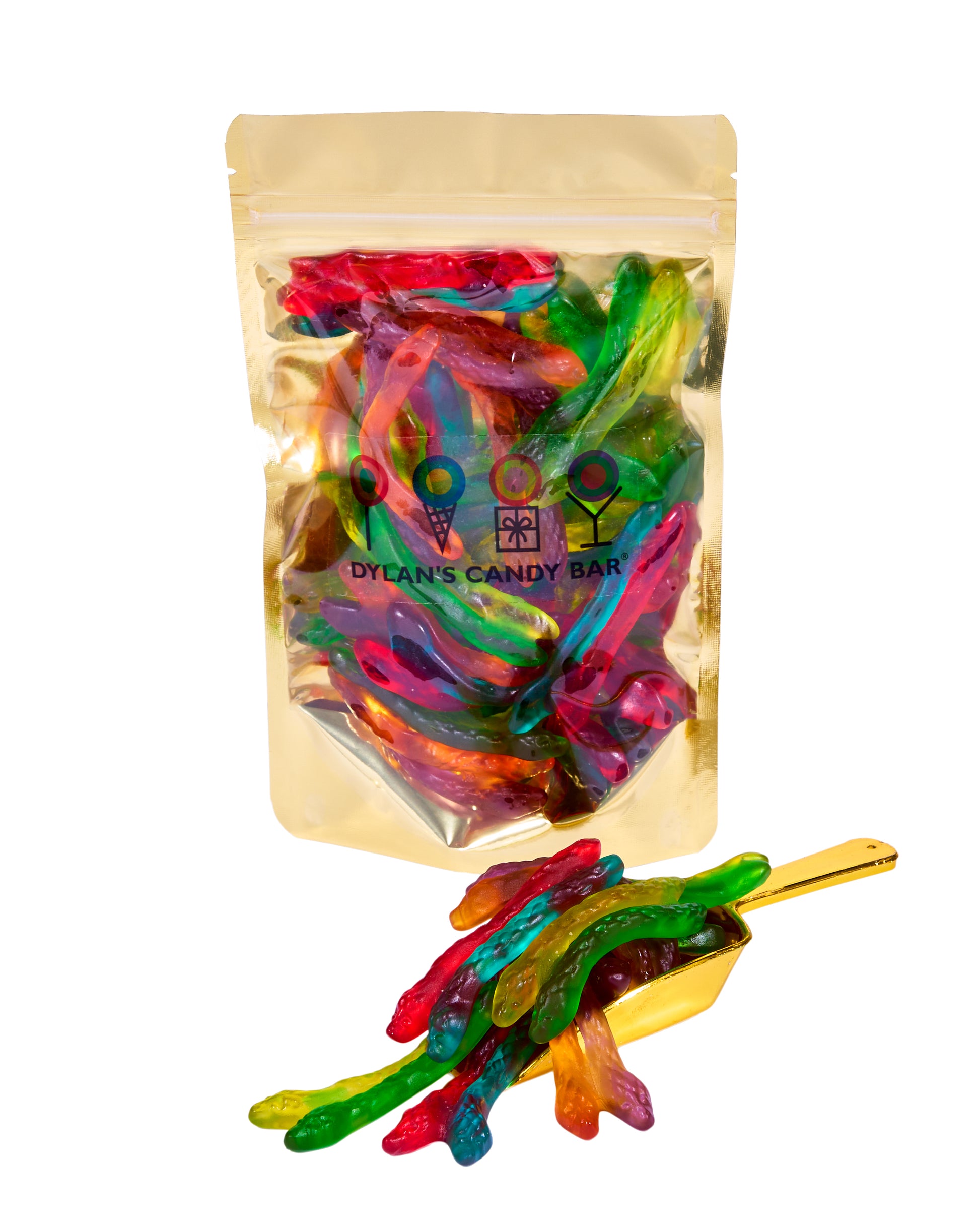 Haribo Gummy Twin Snakes in resealable gold mylar bag next to Haribo Gummy Twin Snakes overflowing from gold scoop