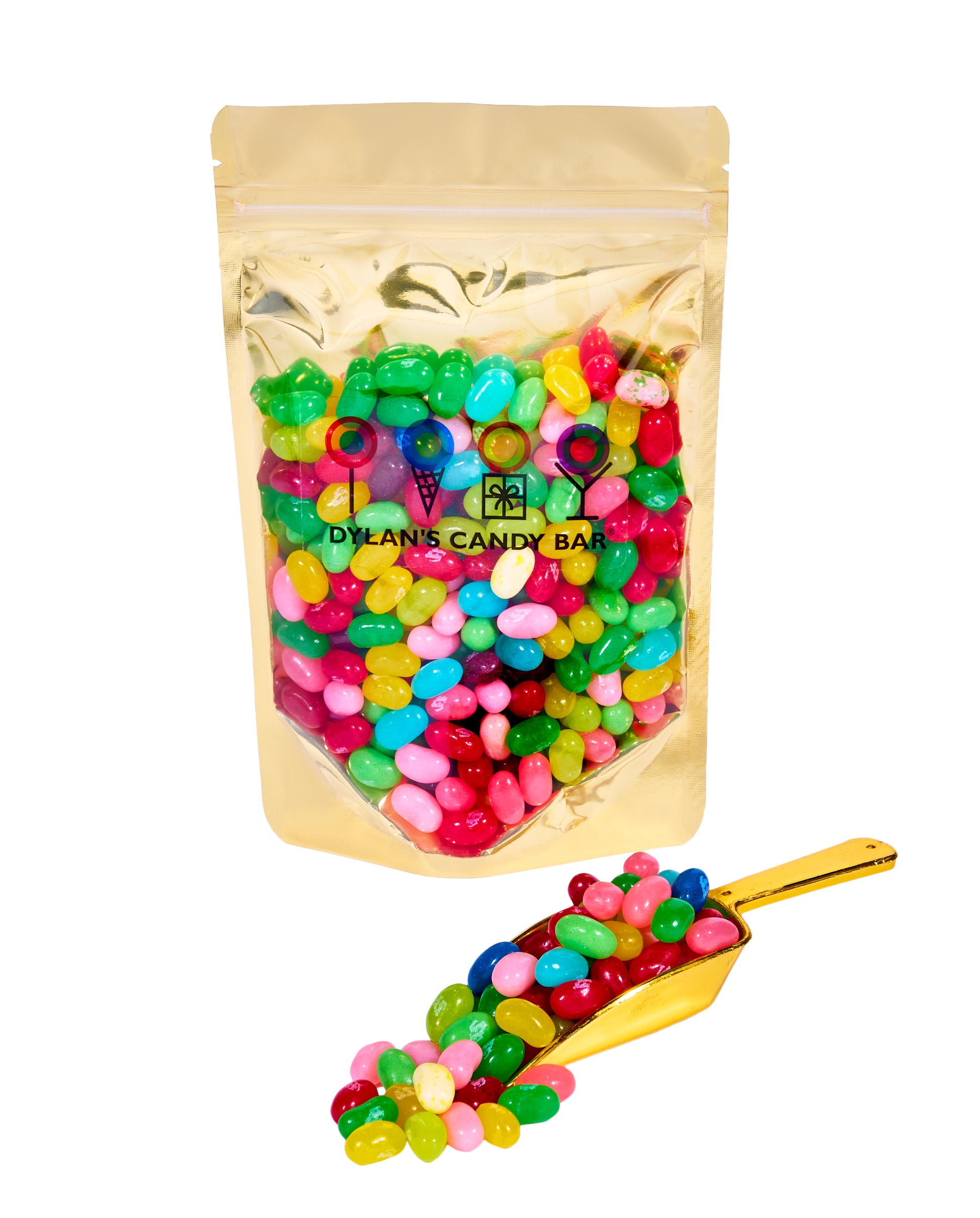 Jelly Belly Assorted Fun Flavors in resealable gold mylar bag next to Jelly Belly Assorted Fun Flavors overflowing from gold scoop