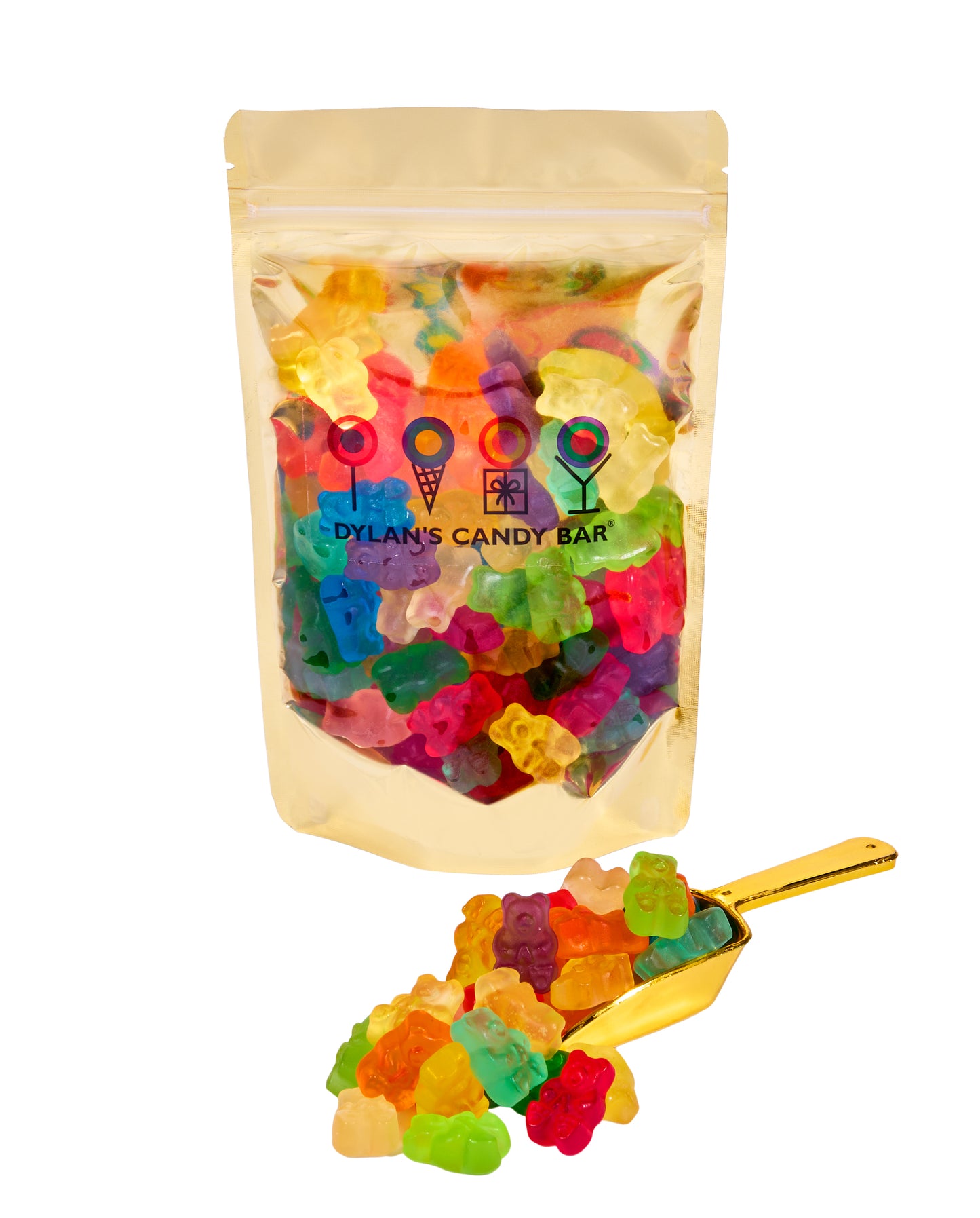 Fruity Gummy Bears in resealable gold mylar bag next to Fruity Gummy Bears overflowing from gold scoop