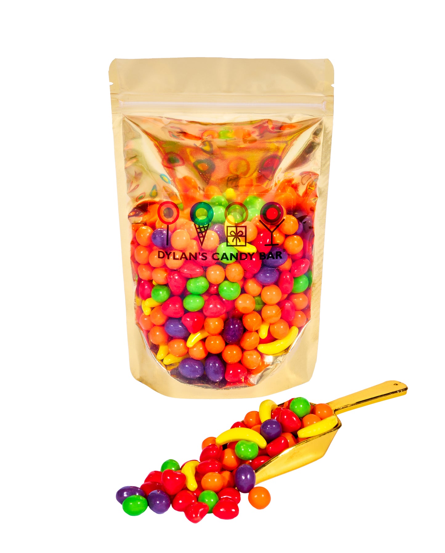 Runts Fruity Pressed Candy in resealable gold mylar bag next to Runts Fruity Pressed Candy overflowing from gold scoop