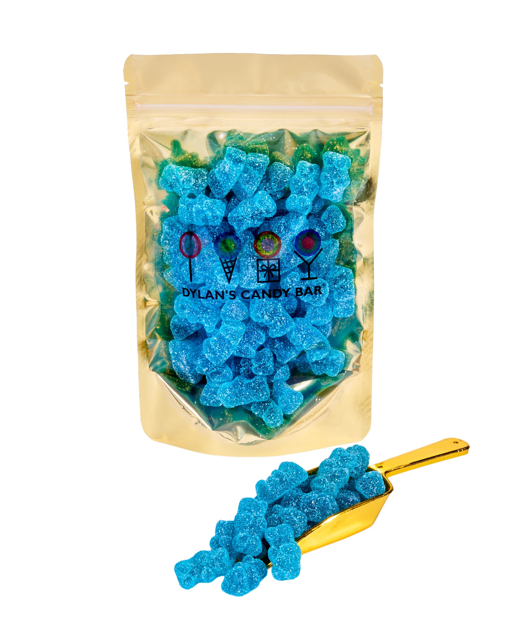 Sour Blue Raspberry Bears Gummy in resealable gold mylar bag next to Sour Blue Raspberry Bears Gummy overflowing from gold scoop