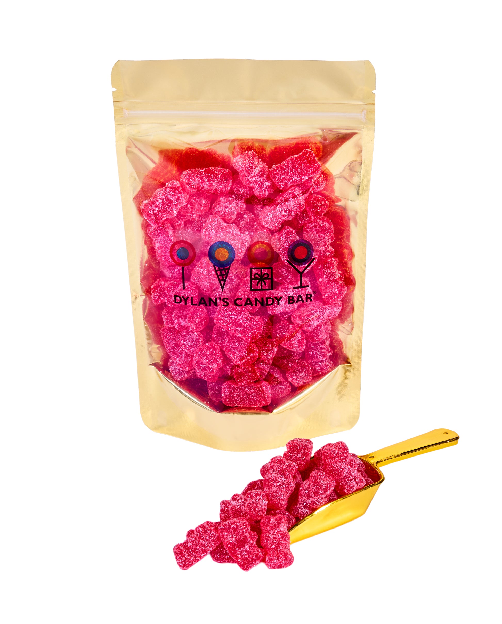 Sour Cherry Gummy Bears in resealable gold mylar bag next to Sour Cherry Gummy Bears overflowing from gold scoop