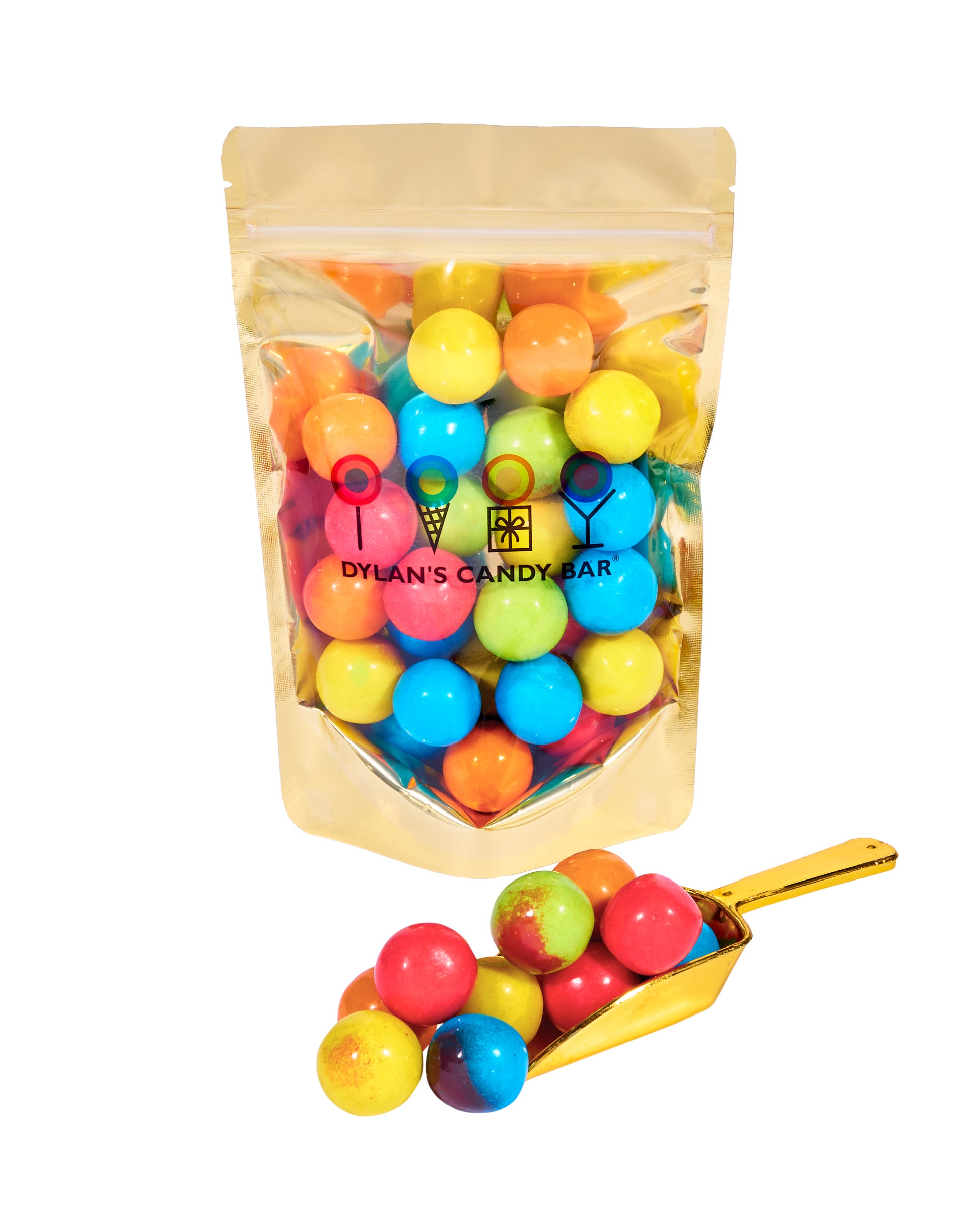 Sour Fruity Gumballs in resealable gold mylar bag next to Sour Fruity Gumballs overflowing from gold scoop