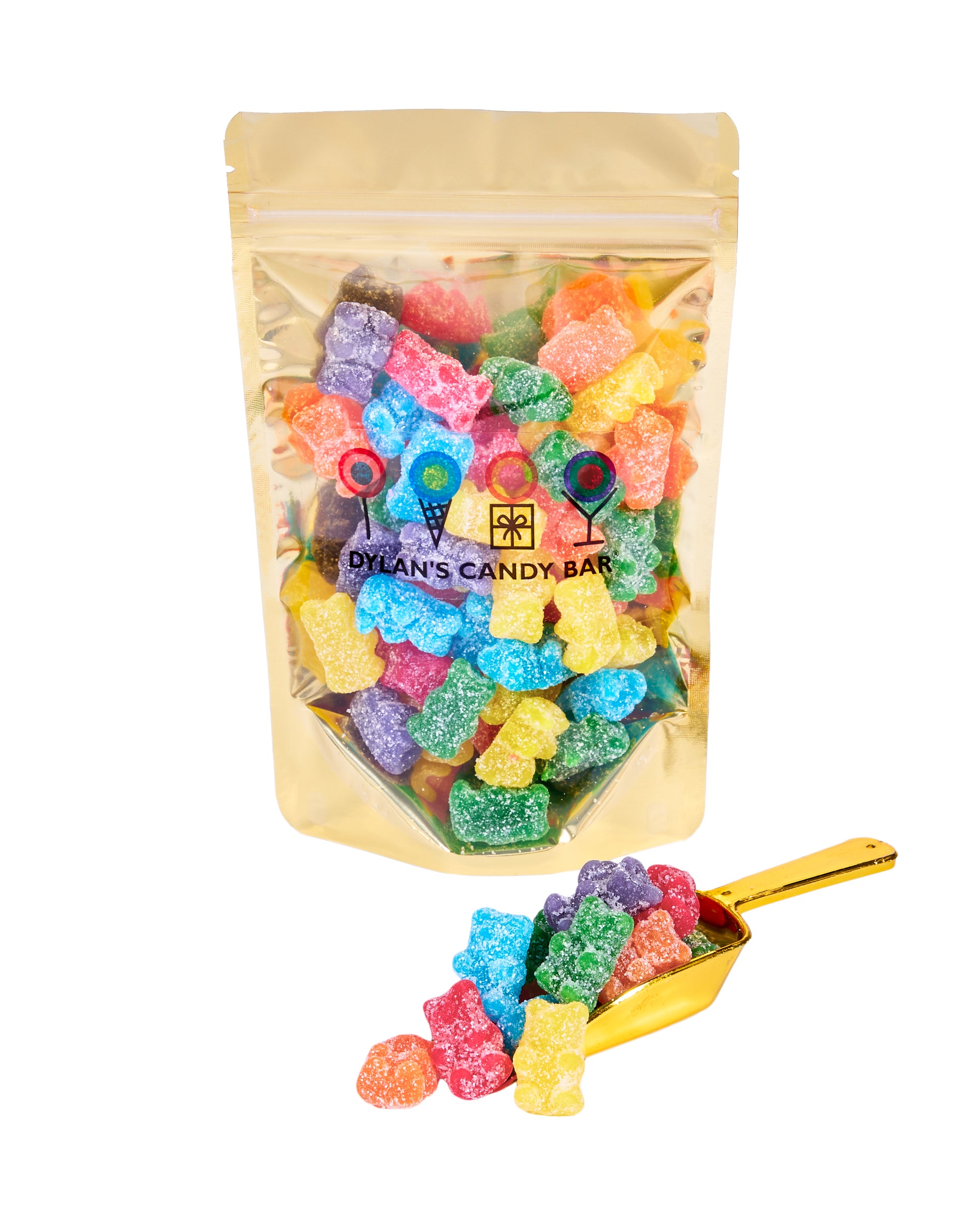 Sour Fruity Gummy Bears in resealable gold mylar bag next to Sour Fruity Gummy Bears overflowing from gold scoop