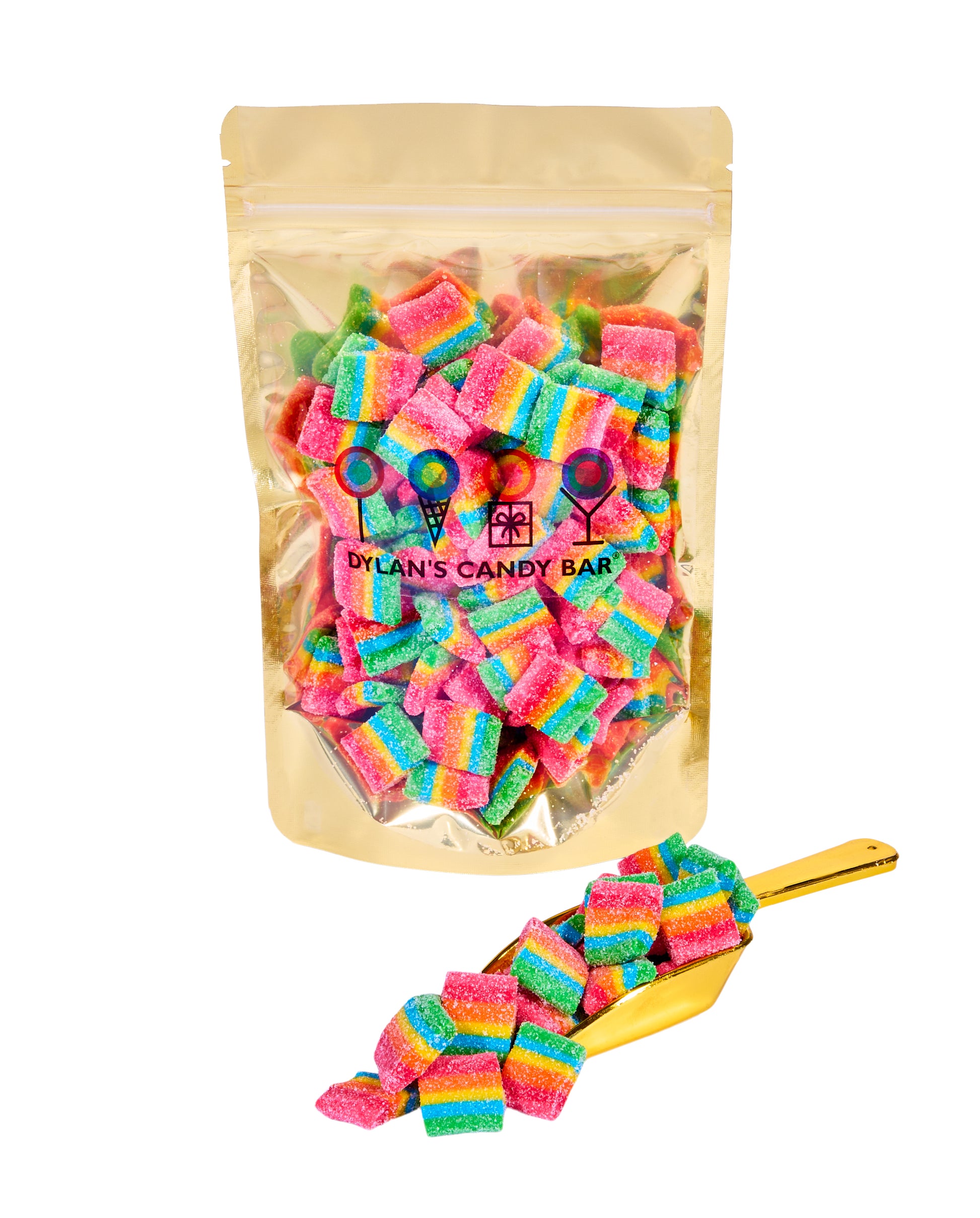 Sour Fruity Mini Rainbow Belt Bites in resealable gold mylar bag next to Sour Fruity Mini Rainbow Belt Bites overflowing from gold scoop