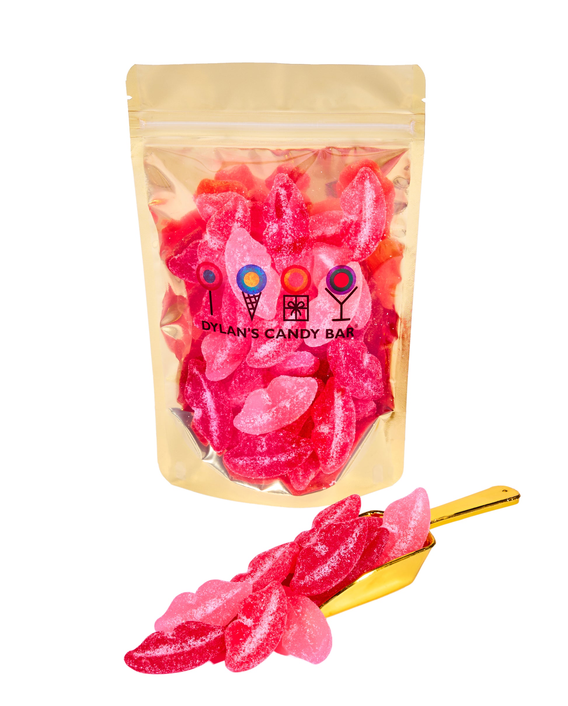 Sour Fruity Pucker Lips in resealable gold mylar bag next to Sour Fruity Pucker Lips overflowing from gold scoop