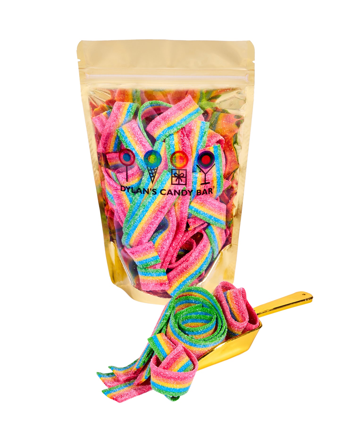 Sour Fruity Rainbow Belts in resealable gold mylar bag next to Sour Fruity Rainbow Belts overflowing from gold scoop