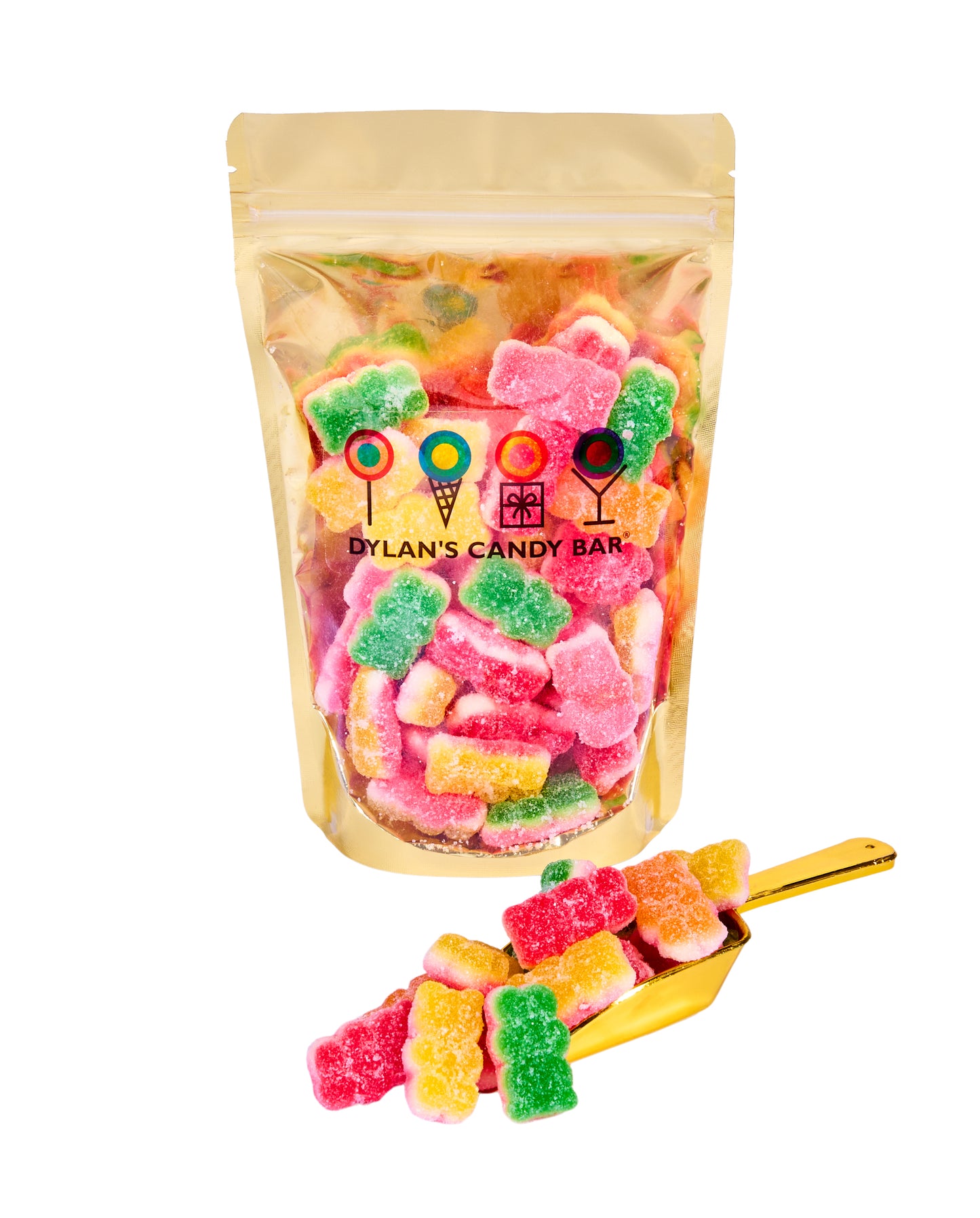 Sour Fruity Triple Bears in resealable gold mylar bag next to Sour Fruity Triple Bears overflowing from gold scoop