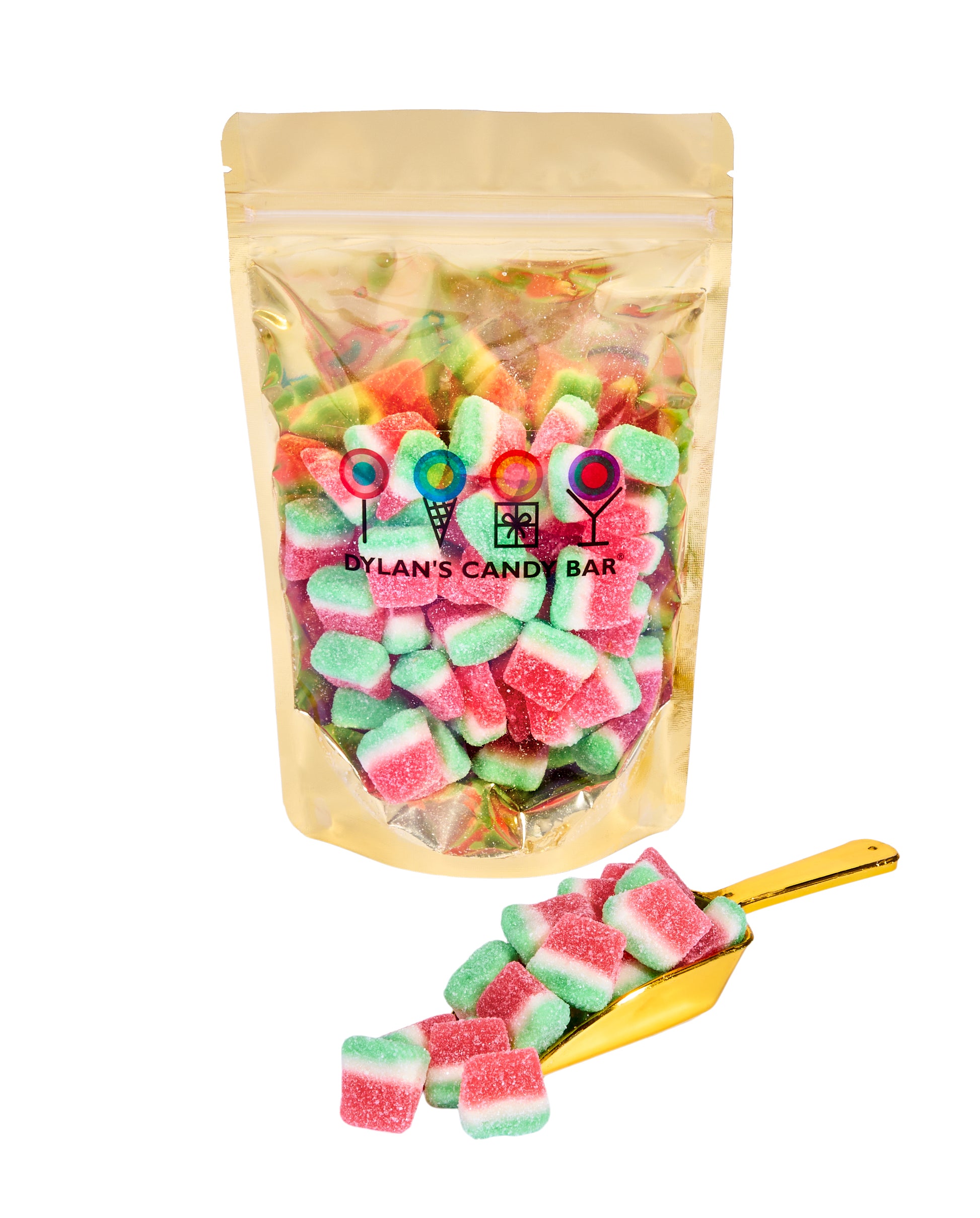 Sour Jacks Gummy Watermelons in resealable gold mylar bag next to Sour Jacks Gummy Watermelons overflowing from gold scoop