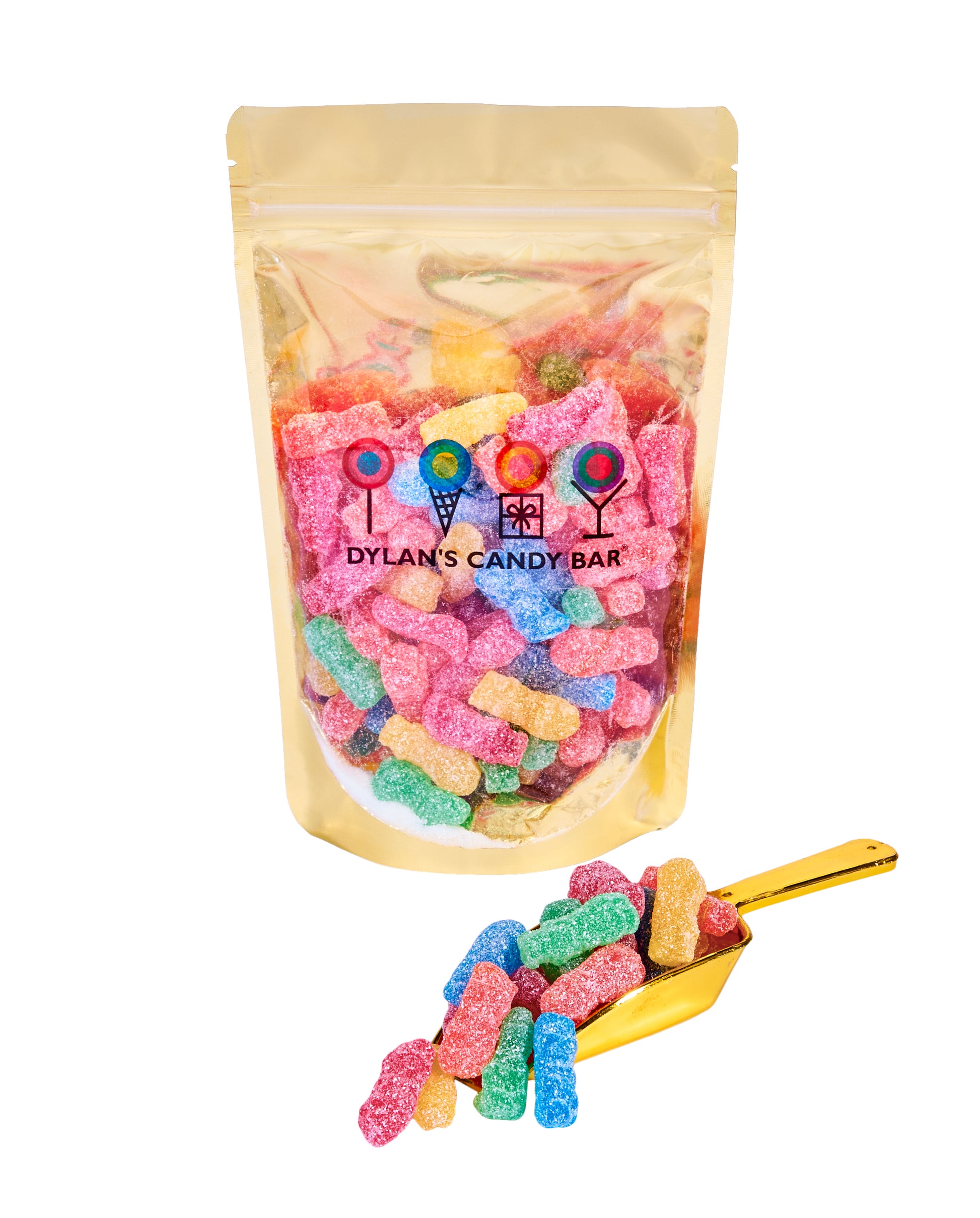 Sour Gummy Buddies in resealable gold mylar bag next to Sour Gummy Buddies overflowing from gold scoop